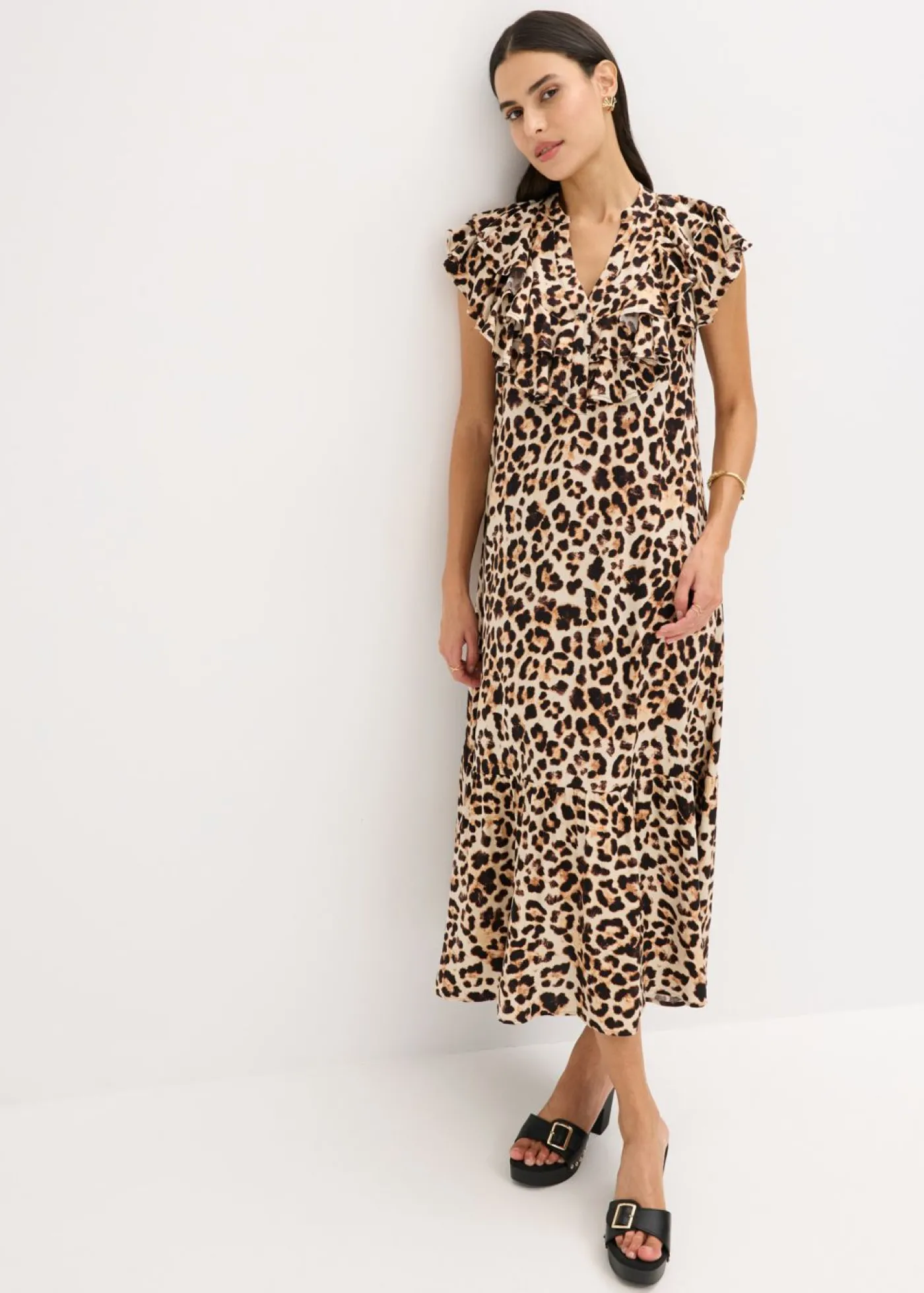 bonprix bonprix Vestido midi de crepé estructurado con volantes estampado leo beige/negro Best