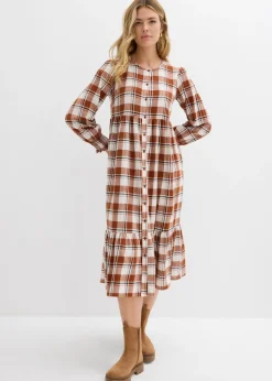 bonprix bonprix Vestido midi de franela marrón ladrillo a cuadros New