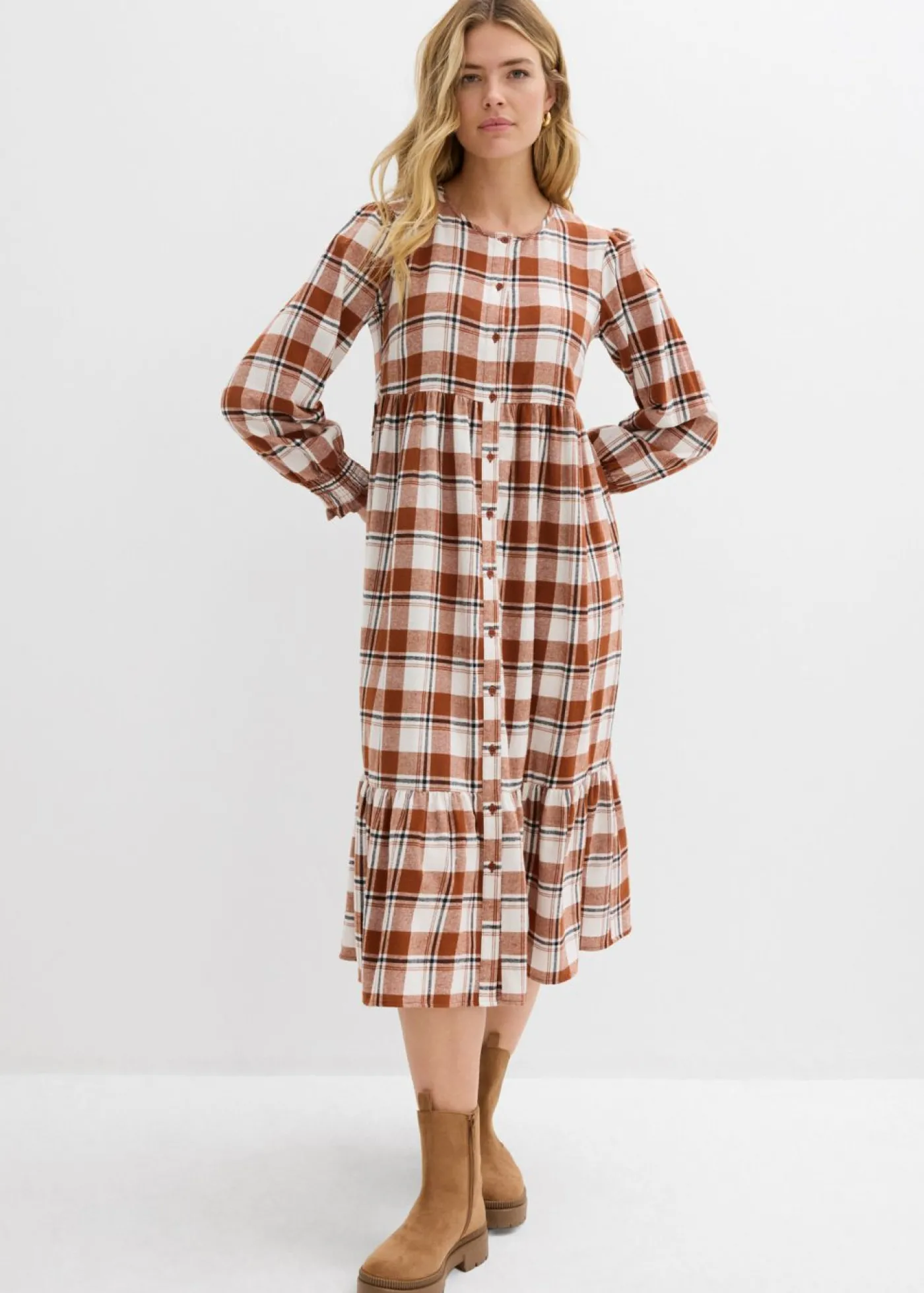 bonprix bonprix Vestido midi de franela marrón ladrillo a cuadros New