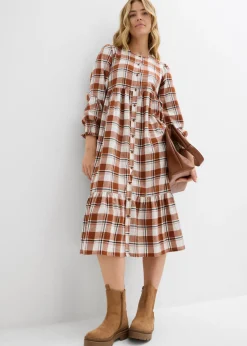 bonprix bonprix Vestido midi de franela marrón ladrillo a cuadros New