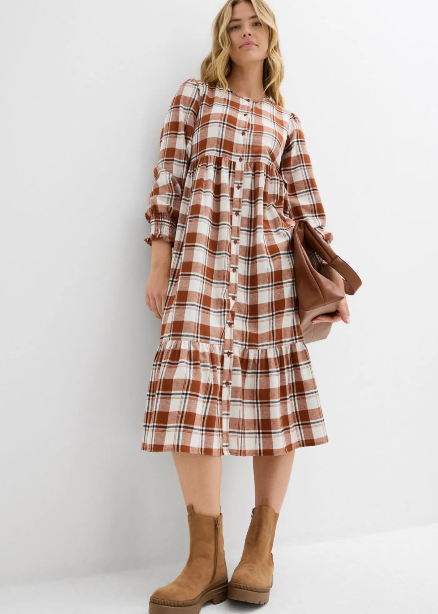 bonprix bonprix Vestido midi de franela marrón ladrillo a cuadros New
