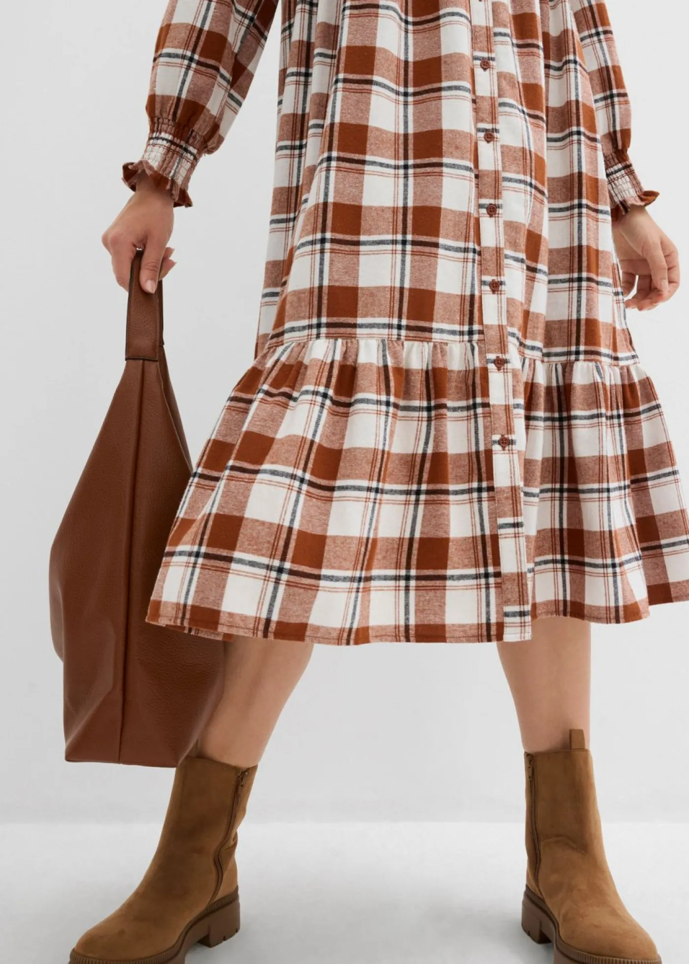 bonprix bonprix Vestido midi de franela marrón ladrillo a cuadros New