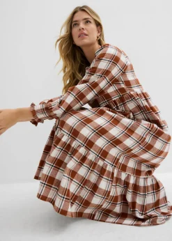 bonprix bonprix Vestido midi de franela marrón ladrillo a cuadros New