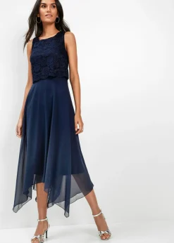 bonprix bonprix Vestido midi de gasa fina con encaje Azul marino Online