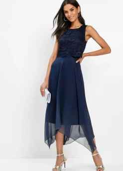 bonprix bonprix Vestido midi de gasa fina con encaje Azul marino Online