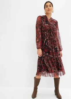 bonprix bonprix Vestido midi de malla Negro-rojo Discount