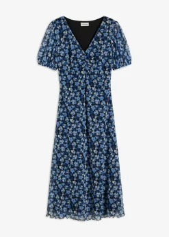 bonprix bonprix Vestido midi de malla estampado Azul con flores Discount