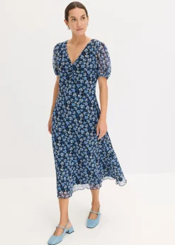 bonprix bonprix Vestido midi de malla estampado Azul con flores Discount