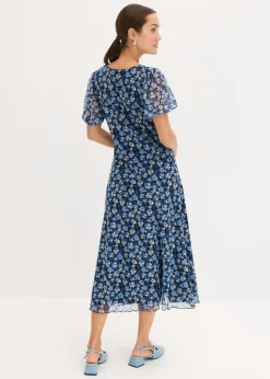 bonprix bonprix Vestido midi de malla estampado Azul con flores Discount