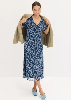 bonprix bonprix Vestido midi de malla estampado Azul con flores Discount