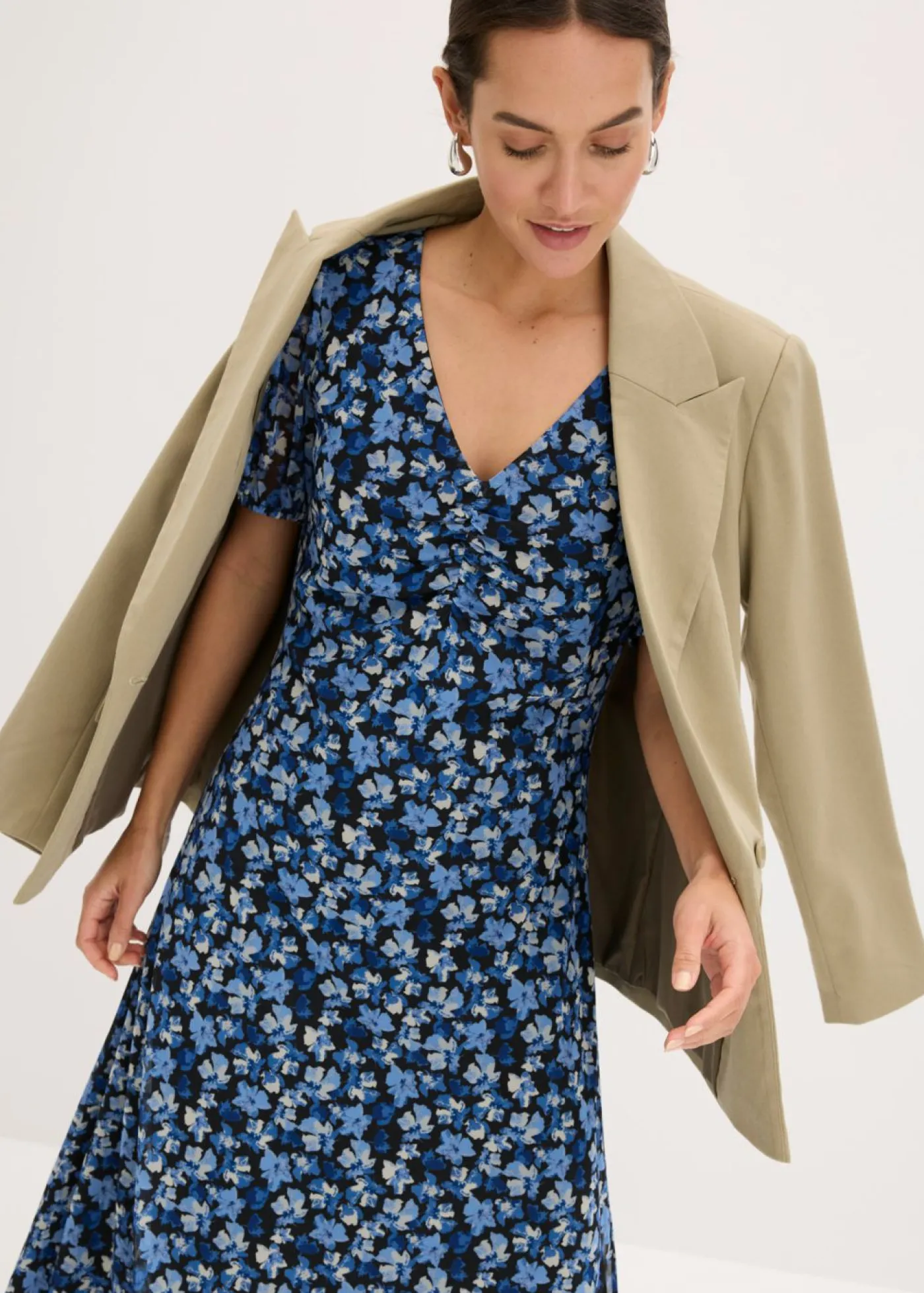 bonprix bonprix Vestido midi de malla estampado Azul con flores Discount