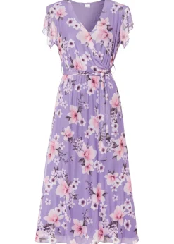 bonprix bonprix Vestido midi de malla estampado púrpura con flores Online
