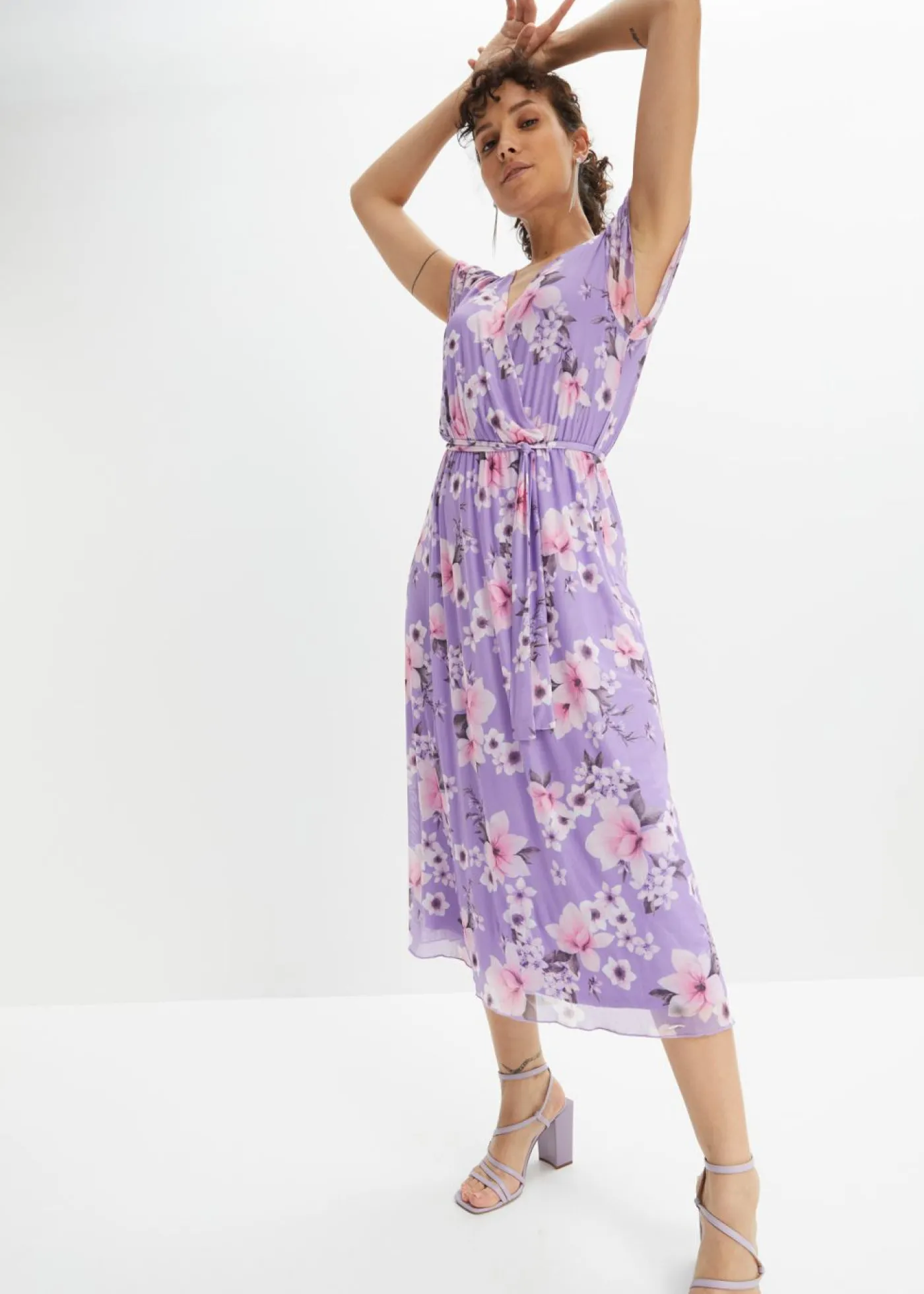 bonprix bonprix Vestido midi de malla estampado púrpura con flores Online