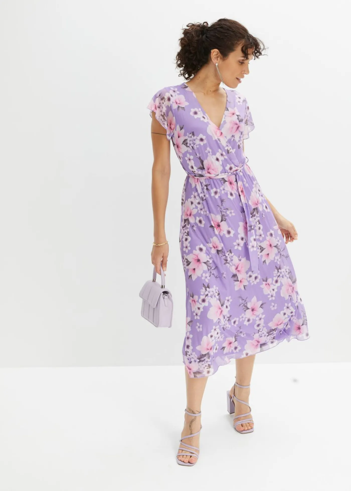 bonprix bonprix Vestido midi de malla estampado púrpura con flores Online