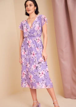 bonprix bonprix Vestido midi de malla estampado púrpura con flores Online