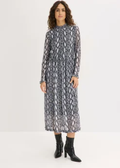 bonprix bonprix Vestido midi de malla suave Negro-blanco con estampado de serpiente Best