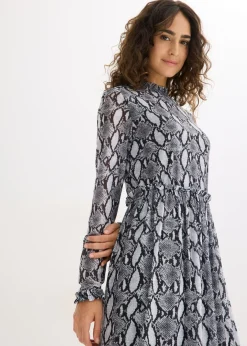 bonprix bonprix Vestido midi de malla suave Negro-blanco con estampado de serpiente Best