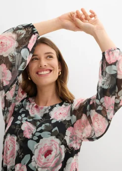 bonprix bonprix Vestido midi de malla suave Negro de flores New