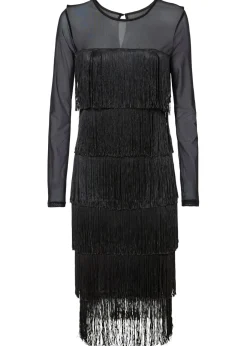 bonprix bonprix Vestido midi de malla vaporosa con flecos Negro Best