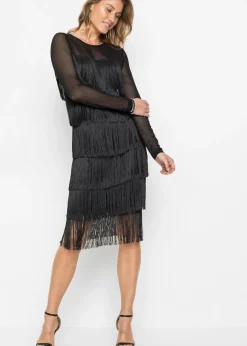 bonprix bonprix Vestido midi de malla vaporosa con flecos Negro Best
