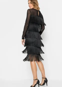 bonprix bonprix Vestido midi de malla vaporosa con flecos Negro Best