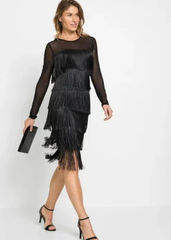 bonprix bonprix Vestido midi de malla vaporosa con flecos Negro Best