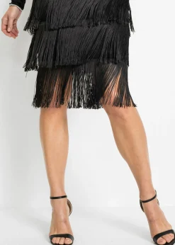 bonprix bonprix Vestido midi de malla vaporosa con flecos Negro Best