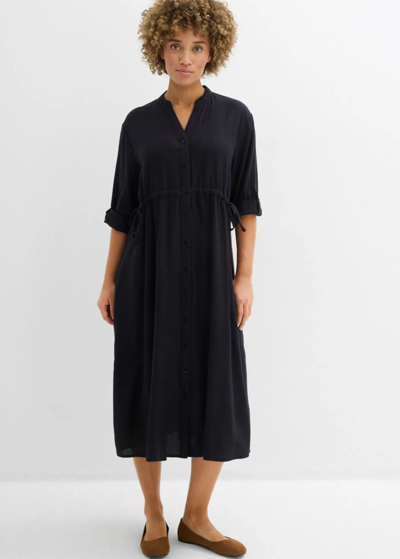 bonprix bonprix Vestido midi de mezcla de lino Negro Clearance