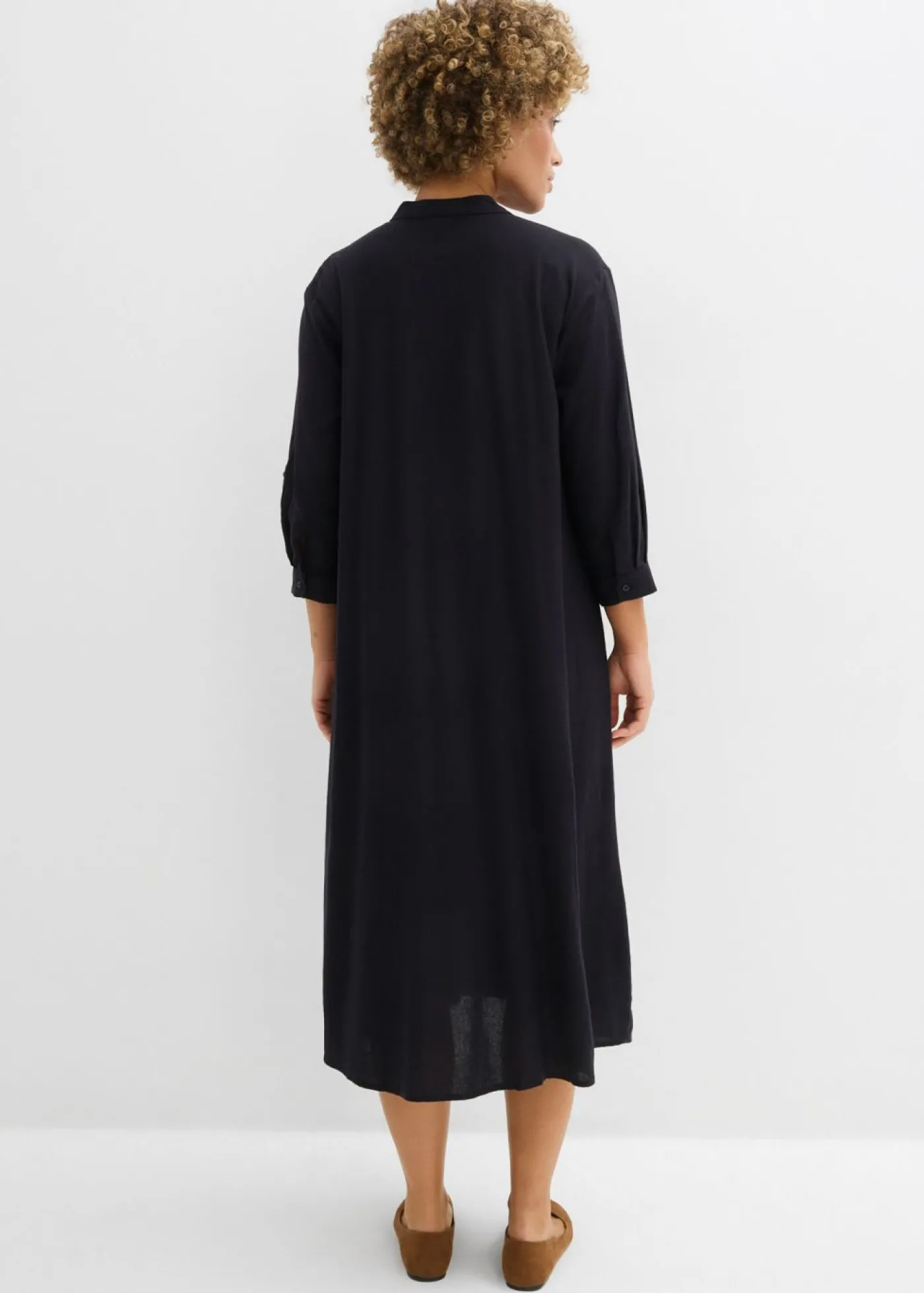 bonprix bonprix Vestido midi de mezcla de lino Negro Clearance