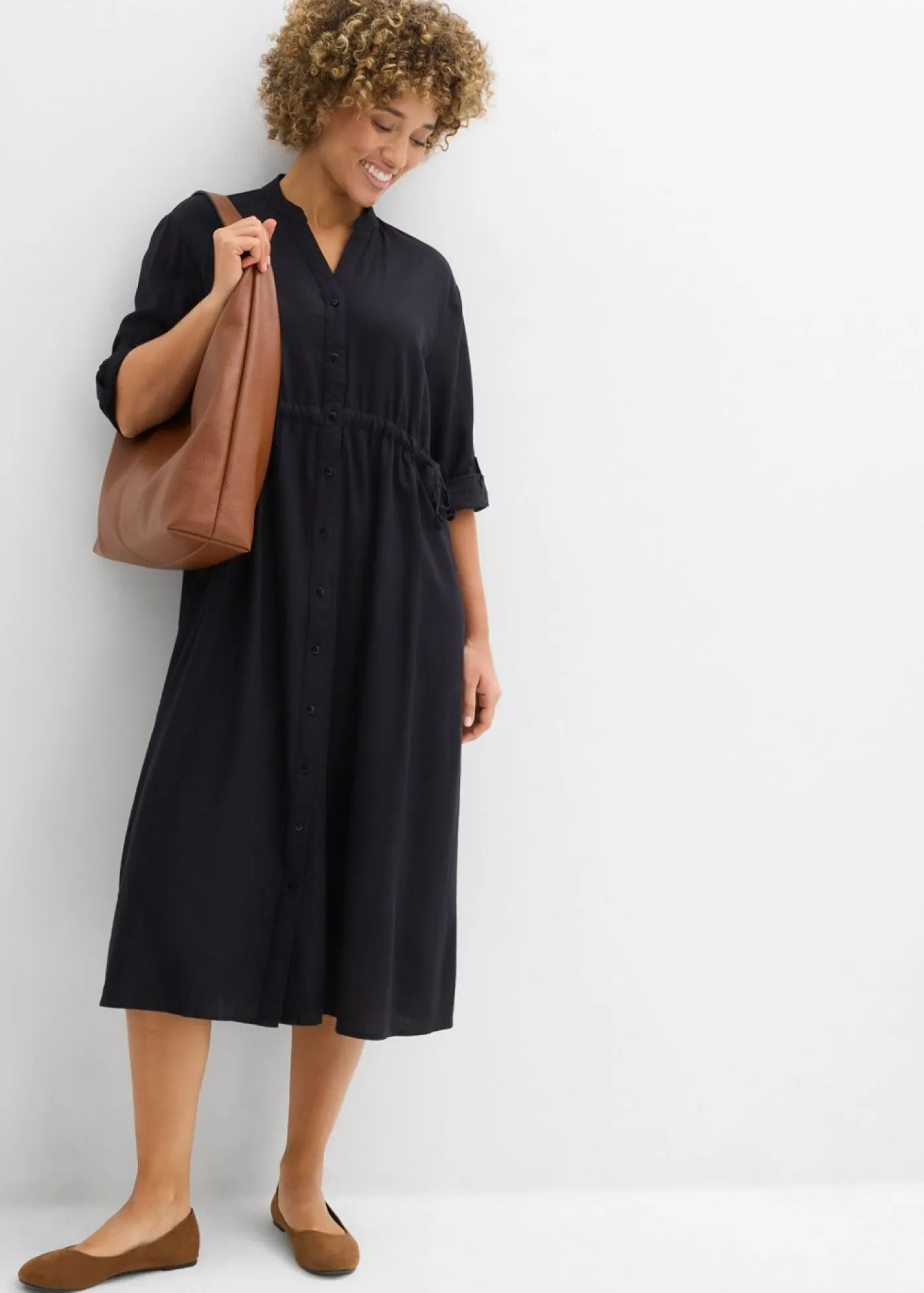 bonprix bonprix Vestido midi de mezcla de lino Negro Clearance