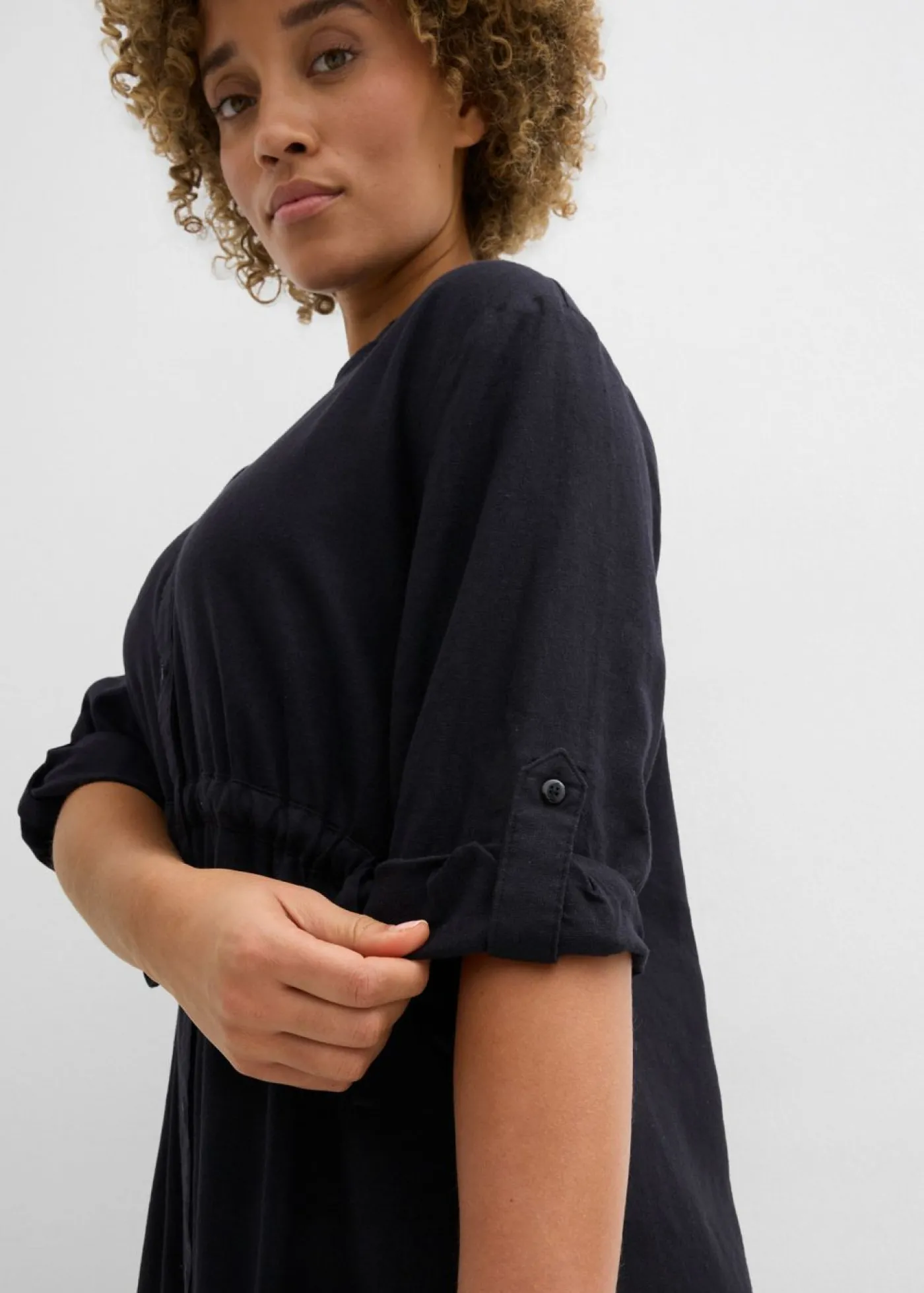 bonprix bonprix Vestido midi de mezcla de lino Negro Clearance