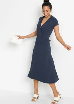 bonprix bonprix Vestido midi de mezcla de viscosa Azul marino-blanco de lunares Discount