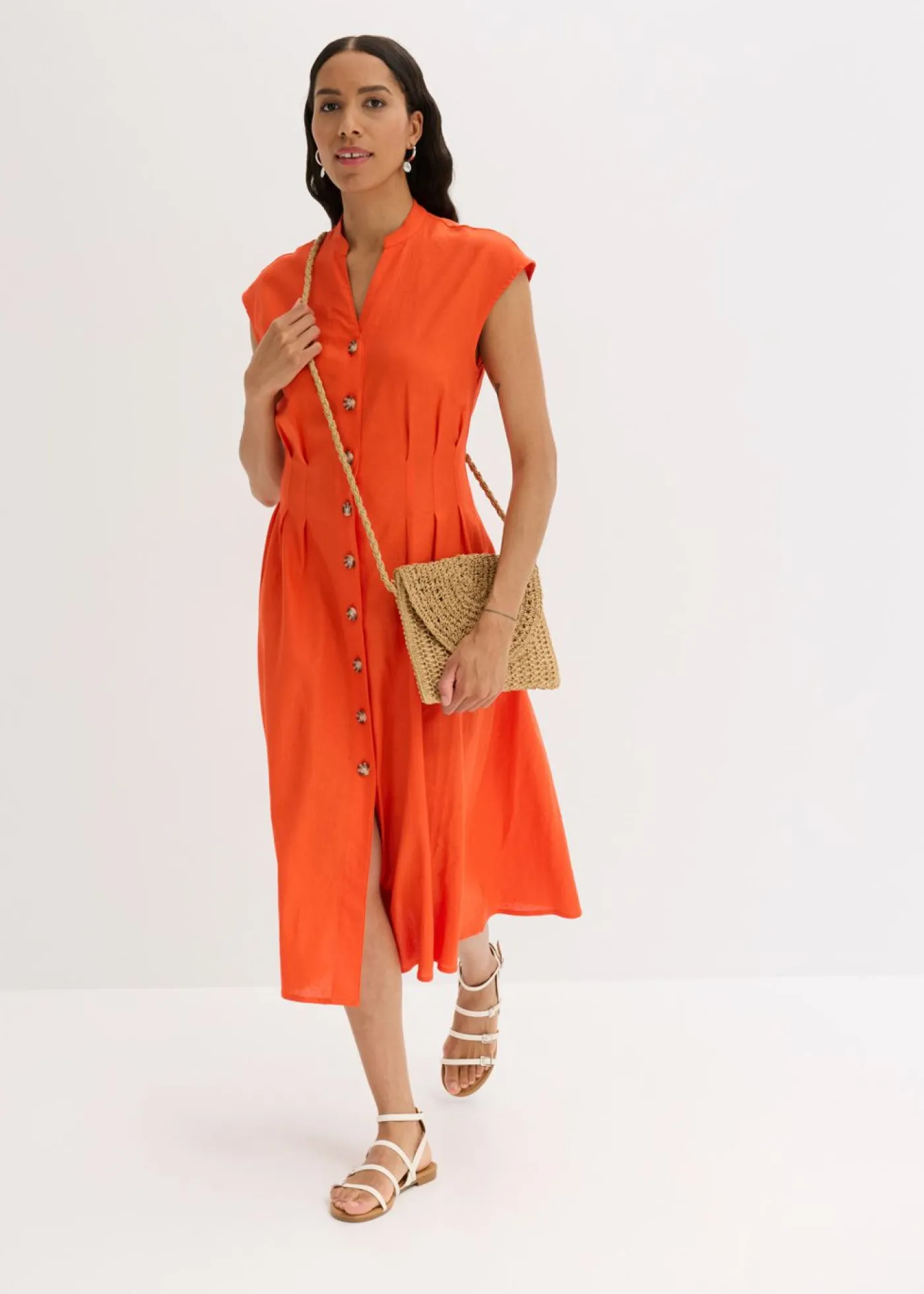 bonprix bonprix Vestido midi de mezcla de lino ligero Rojo amapola Online