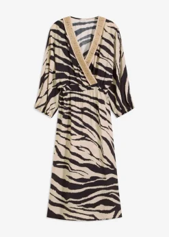 bonprix bonprix Vestido midi de mezcla de viscosa fluida estampado cebra negro-blanco lana