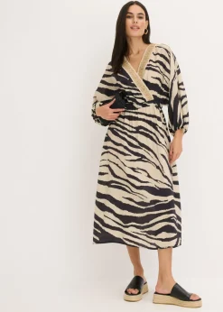 bonprix bonprix Vestido midi de mezcla de viscosa fluida estampado cebra negro-blanco lana