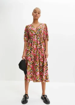 bonprix bonprix Vestido midi de mezcla de viscosa verde tierra/rosa hibisco con flores Outlet