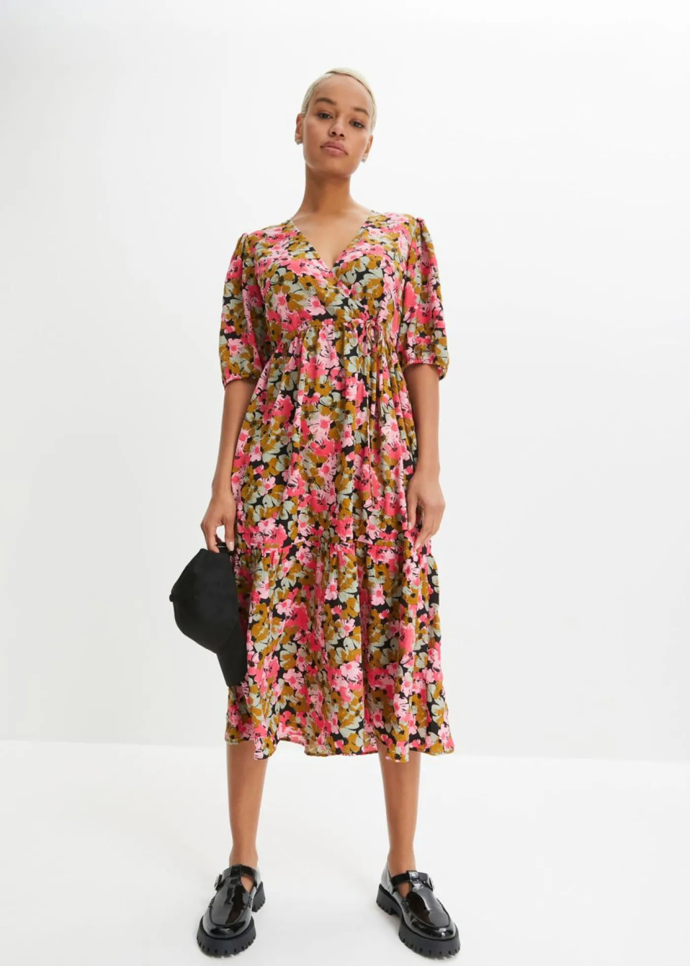 bonprix bonprix Vestido midi de mezcla de viscosa verde tierra/rosa hibisco con flores Outlet