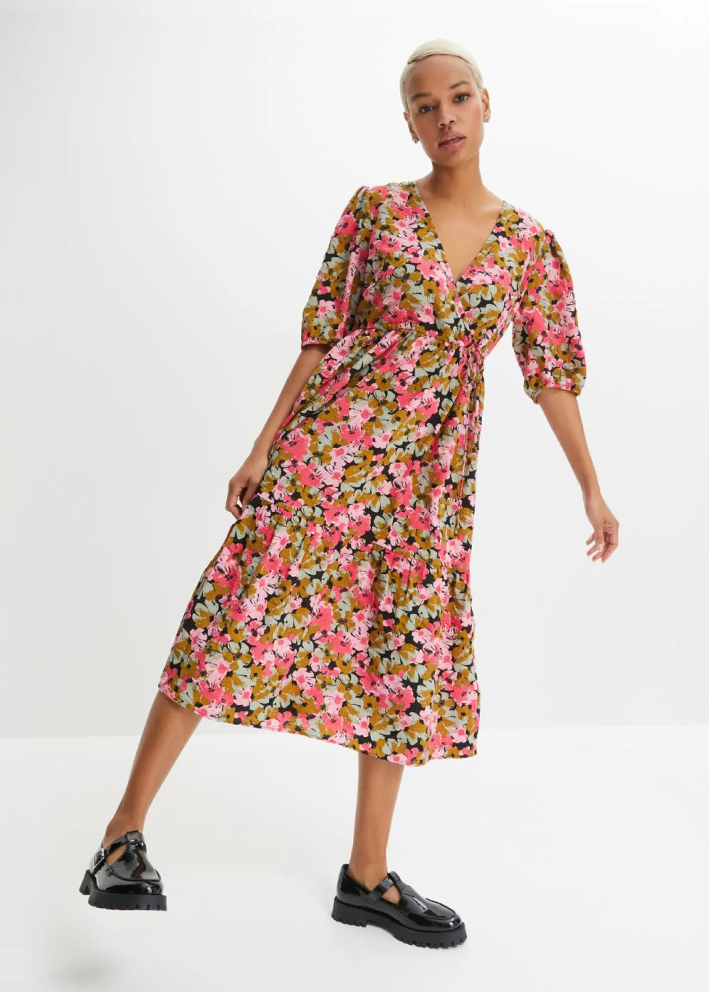 bonprix bonprix Vestido midi de mezcla de viscosa verde tierra/rosa hibisco con flores Outlet