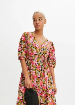 bonprix bonprix Vestido midi de mezcla de viscosa verde tierra/rosa hibisco con flores Outlet