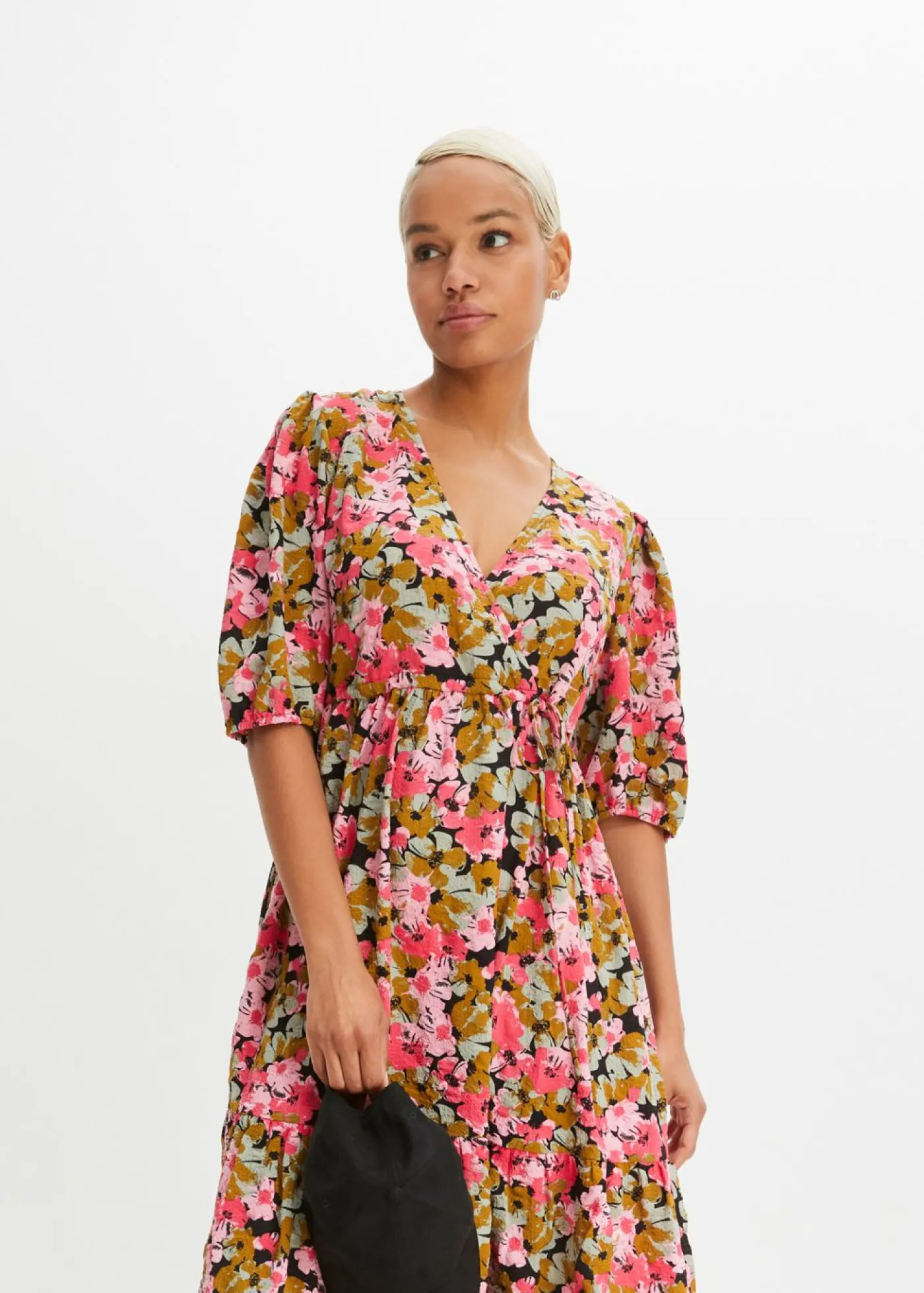 bonprix bonprix Vestido midi de mezcla de viscosa verde tierra/rosa hibisco con flores Outlet