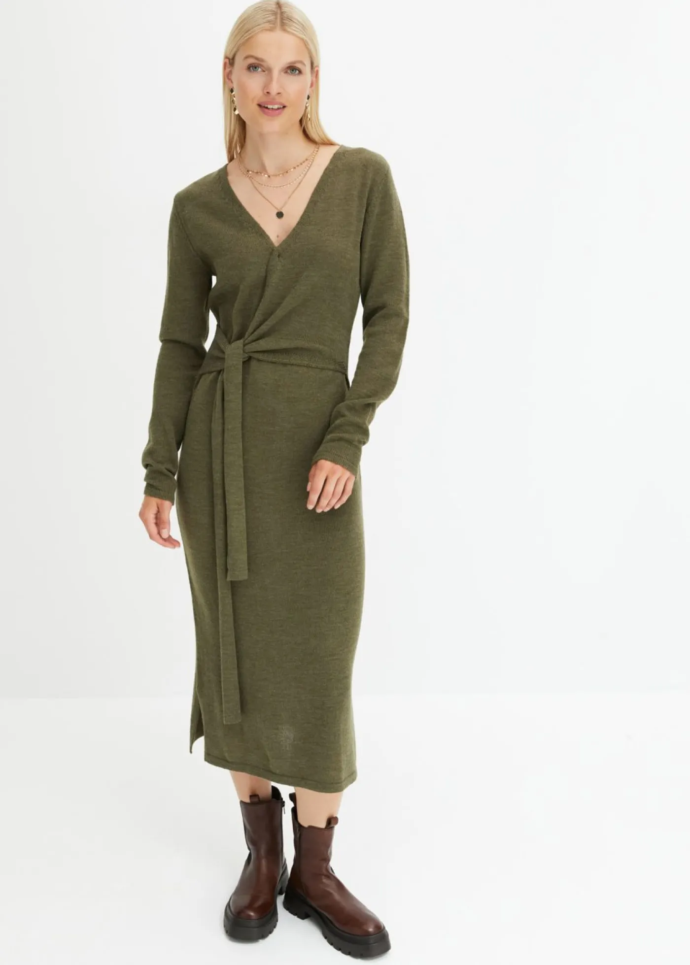 bonprix bonprix Vestido midi de punto Verde oliva oscuro jaspeado Discount