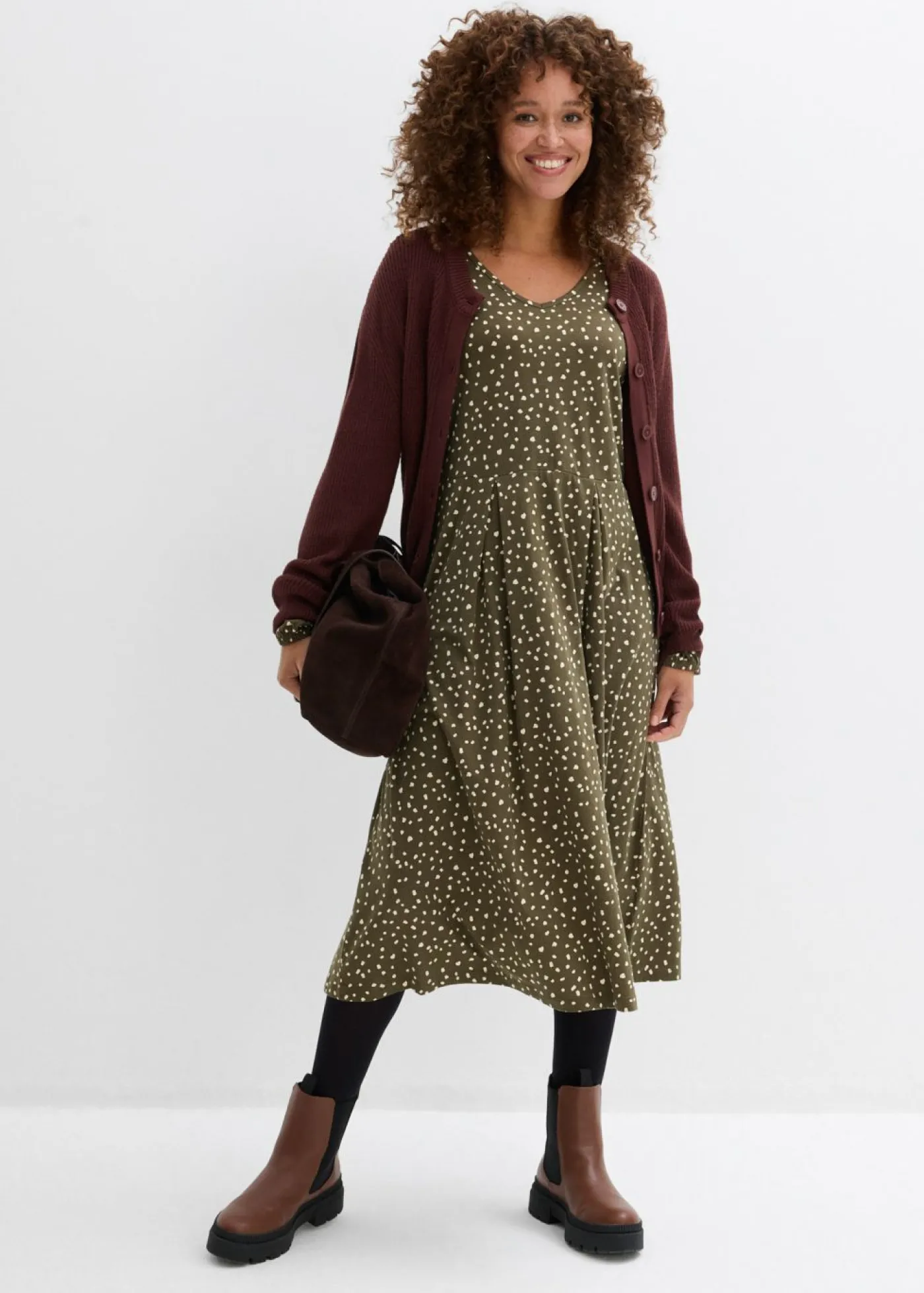 bonprix bonprix Vestido midi de punto de algodón Verde oliva oscuro/arena claro de lunares Hot