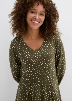 bonprix bonprix Vestido midi de punto de algodón Verde oliva oscuro/arena claro de lunares Hot