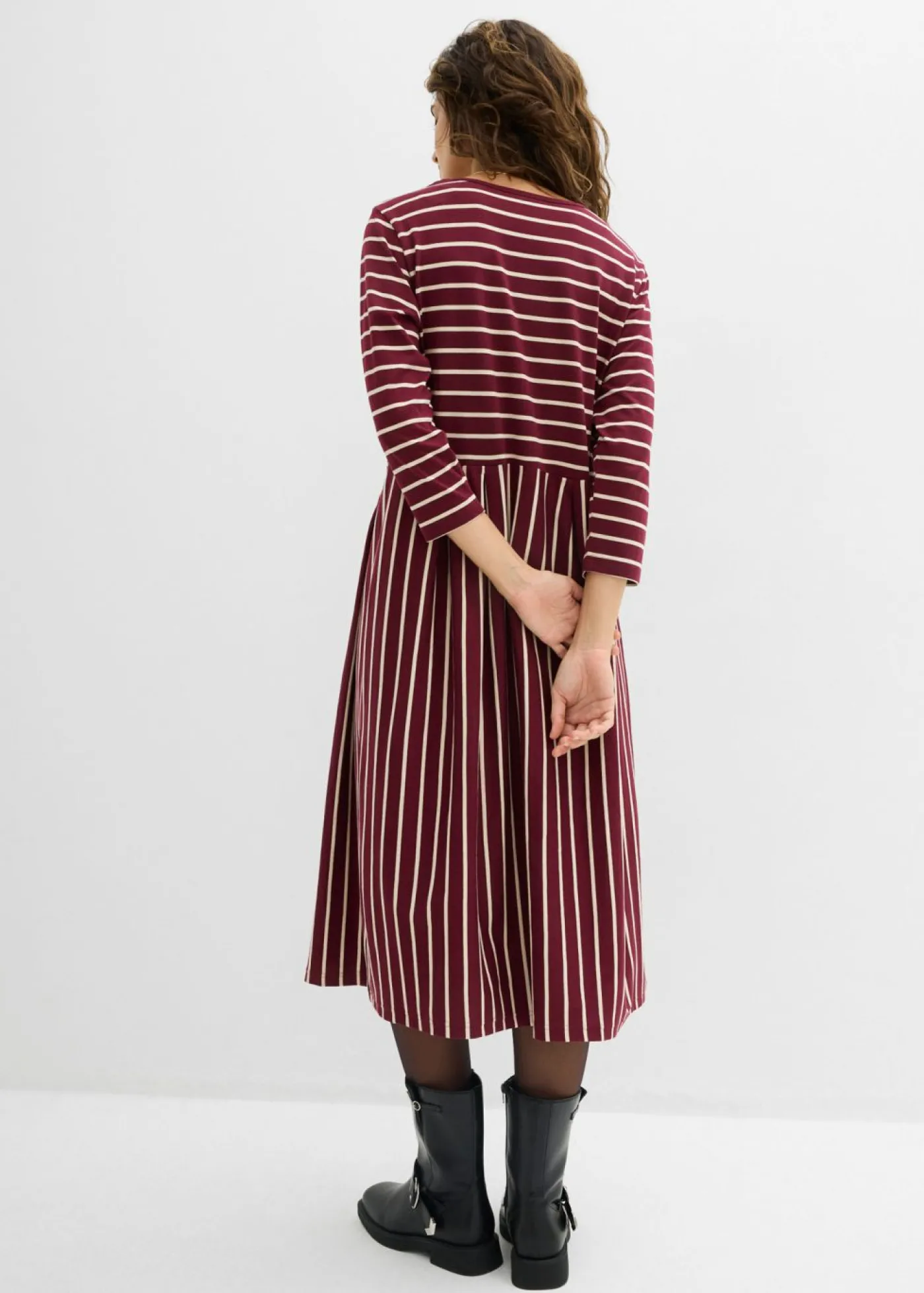 bonprix bonprix Vestido midi de punto de algodón rojo avellana/arena claro con rayas Best