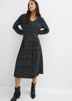 bonprix bonprix Vestido midi de punto de algodón negro-blanco lana topos