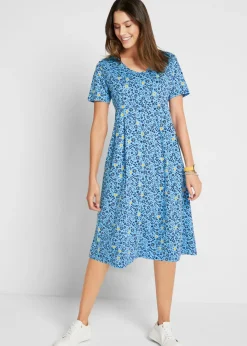 bonprix bonprix Vestido midi de punto de algodón Azul de flores -amarillo Online