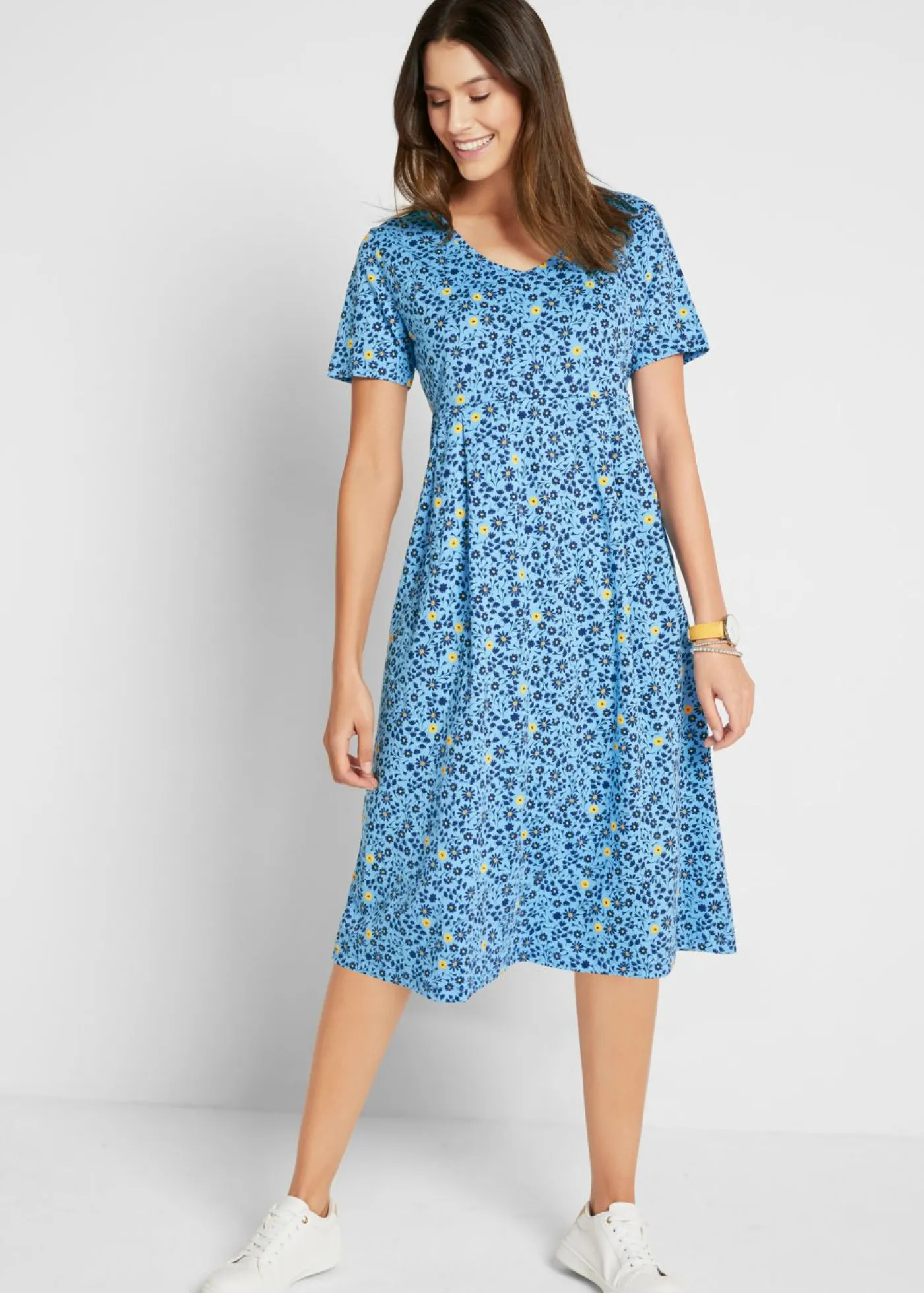 bonprix bonprix Vestido midi de punto de algodón Azul de flores -amarillo Online
