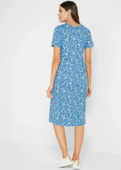 bonprix bonprix Vestido midi de punto de algodón Azul de flores -amarillo Online