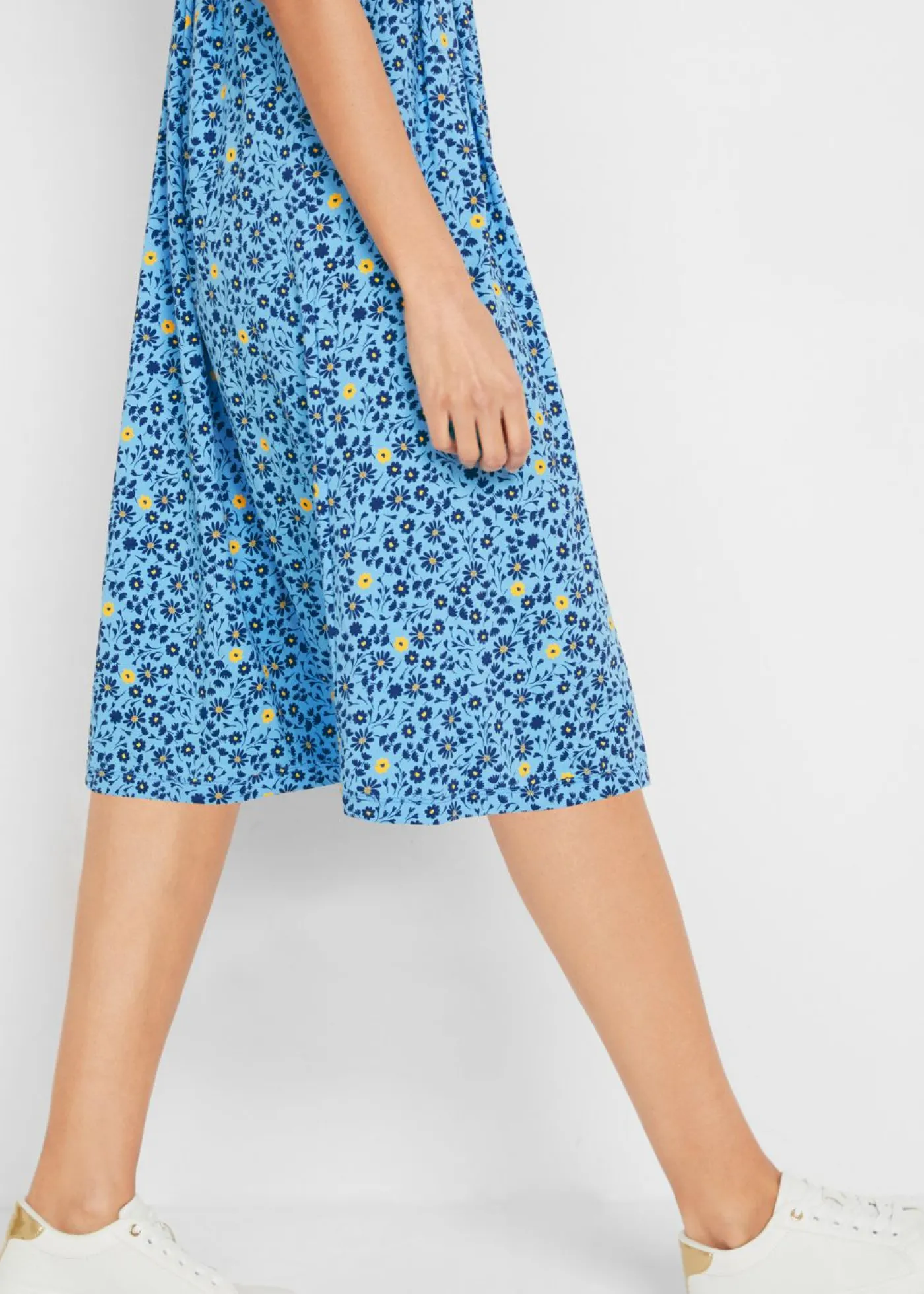 bonprix bonprix Vestido midi de punto de algodón Azul de flores -amarillo Online