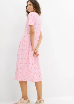bonprix bonprix Vestido midi de punto de algodón Rosa/salmón/blanco Discount